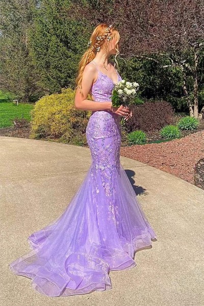 Spaghetti Straps Lace Lavender Long Mermaid Prom Dress ,PD231269