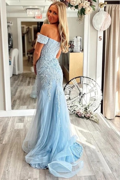 Off Shoulder Appliques Sweetheart Blue Mermaid Prom Dress ,PD231270