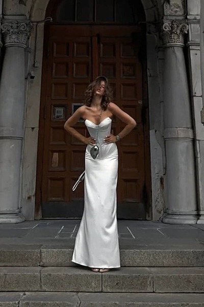 Sweetheart Neck Corset Satin White Long Mermaid Prom Dress,PD231272