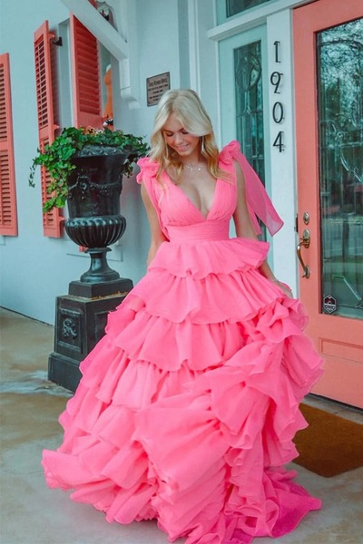 Princess A-Line Fuchsia V-Neck Prom Dress Party Dress With Slit ,PD231276