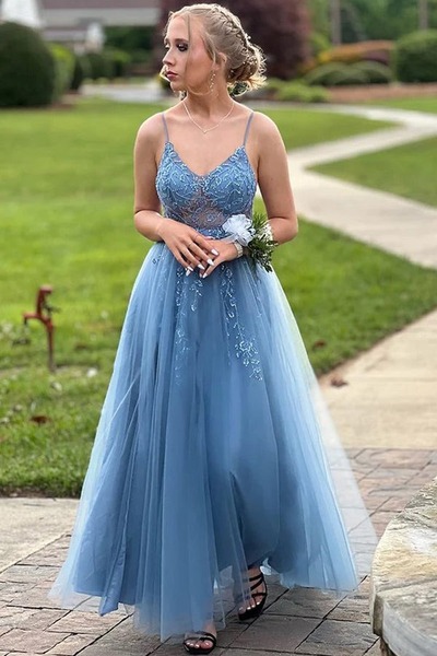 V-Neck Spaghetti Straps Ruffles Sleeveless Blue Prom Dress,PD231278