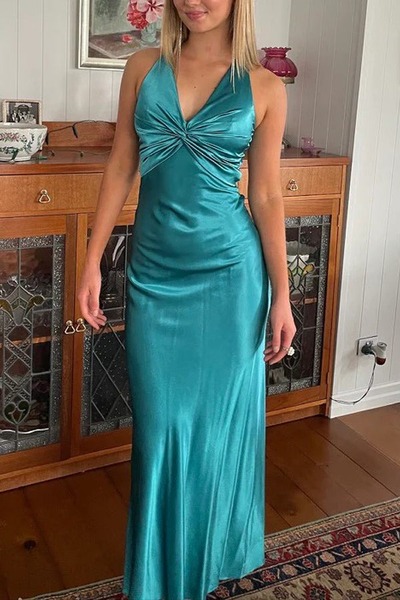 Pleated Satin Sleeveless Turquoise Halter Neck Long Prom Dress ,PD231281
