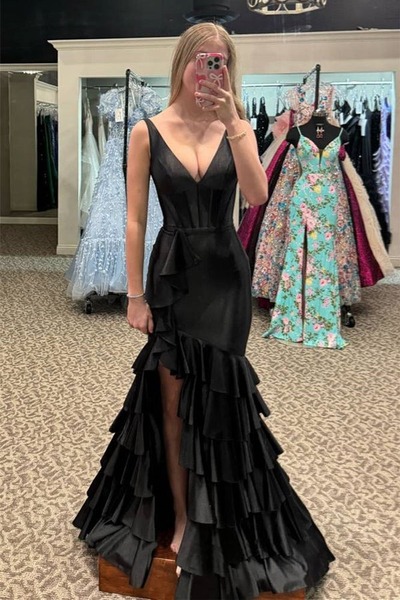 V-Neck Ruffle Black Mermaid Prom Dress Party Dress with Split ,PD231282