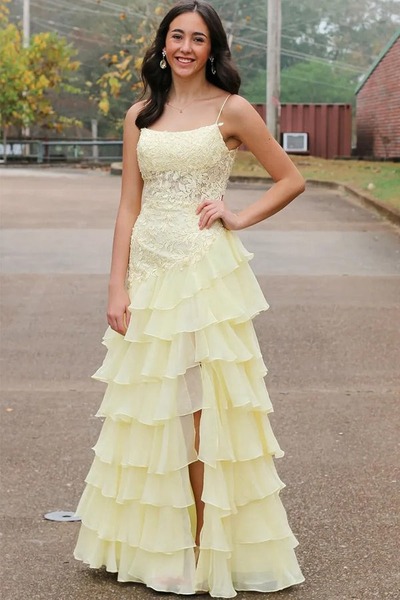 A-Line Spaghetti Straps Layered Yellow Prom Dress with Slit ,PD231288