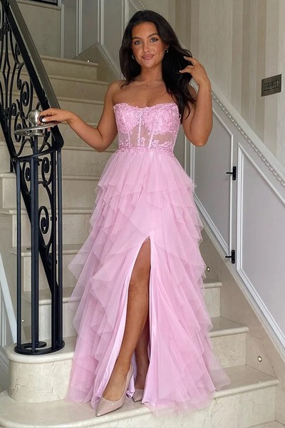 A-Line Pink Ruffles Appliques Corset Long Prom Dress with Slit ,PD231289