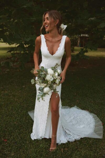 Lace Sheath Wedding Dress, Lace Side Split Bridal Dress Wedding Gown