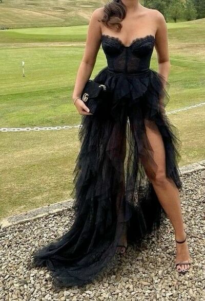 Black Tulle Side Slit Prom Dress Formal Dress Evening Gowns