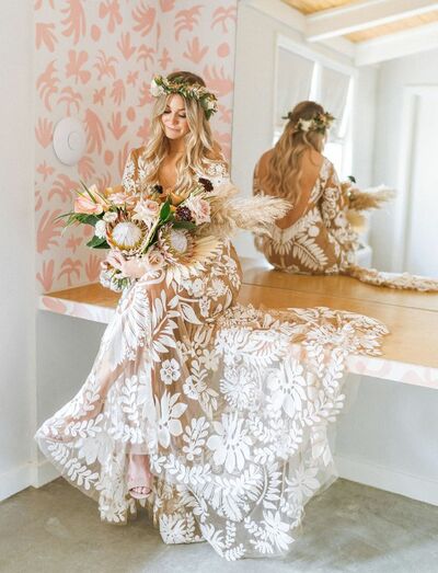 Boho A-line Wedding Dress, Lace Bridal Dress Wedding Gown