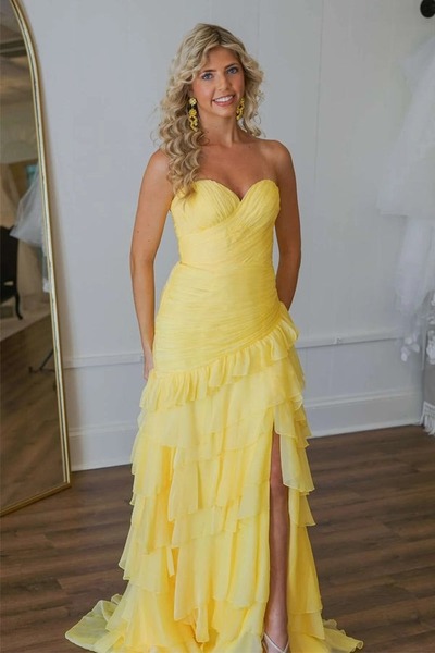 Yellow Ruched Ruffle Fitted Long Prom Dress with Slit ,PD231294