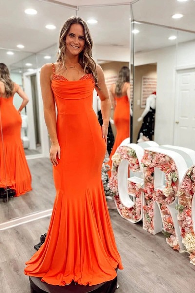 Spandex Orange Mermaid Prom Dress Strap Formal Dress,PD231298