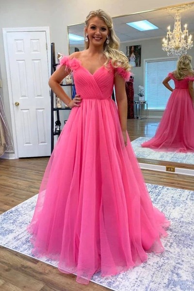 Hot Pink Off Shoulder Tulle Prom Dresses with 3D Flowers ,PD231299
