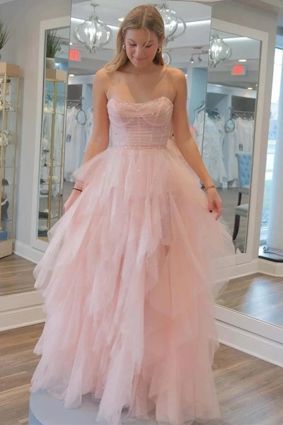 Light Pink Strapless Sequin Beaded Tulle Stunning Prom Dress ,PD231302