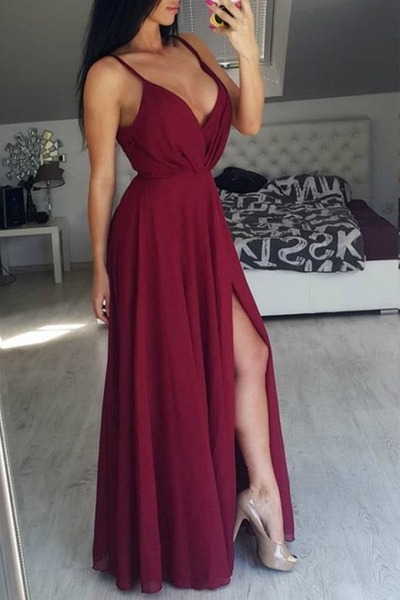 Burgundy Long Chiffon Prom/Formal Dress with Side Slit ,PD231310