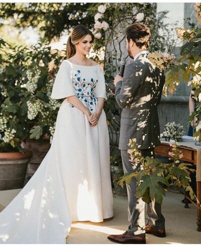 Elegant Wedding Dress, Blue Flowers Embroidery Bridal Dress Wedding Gown