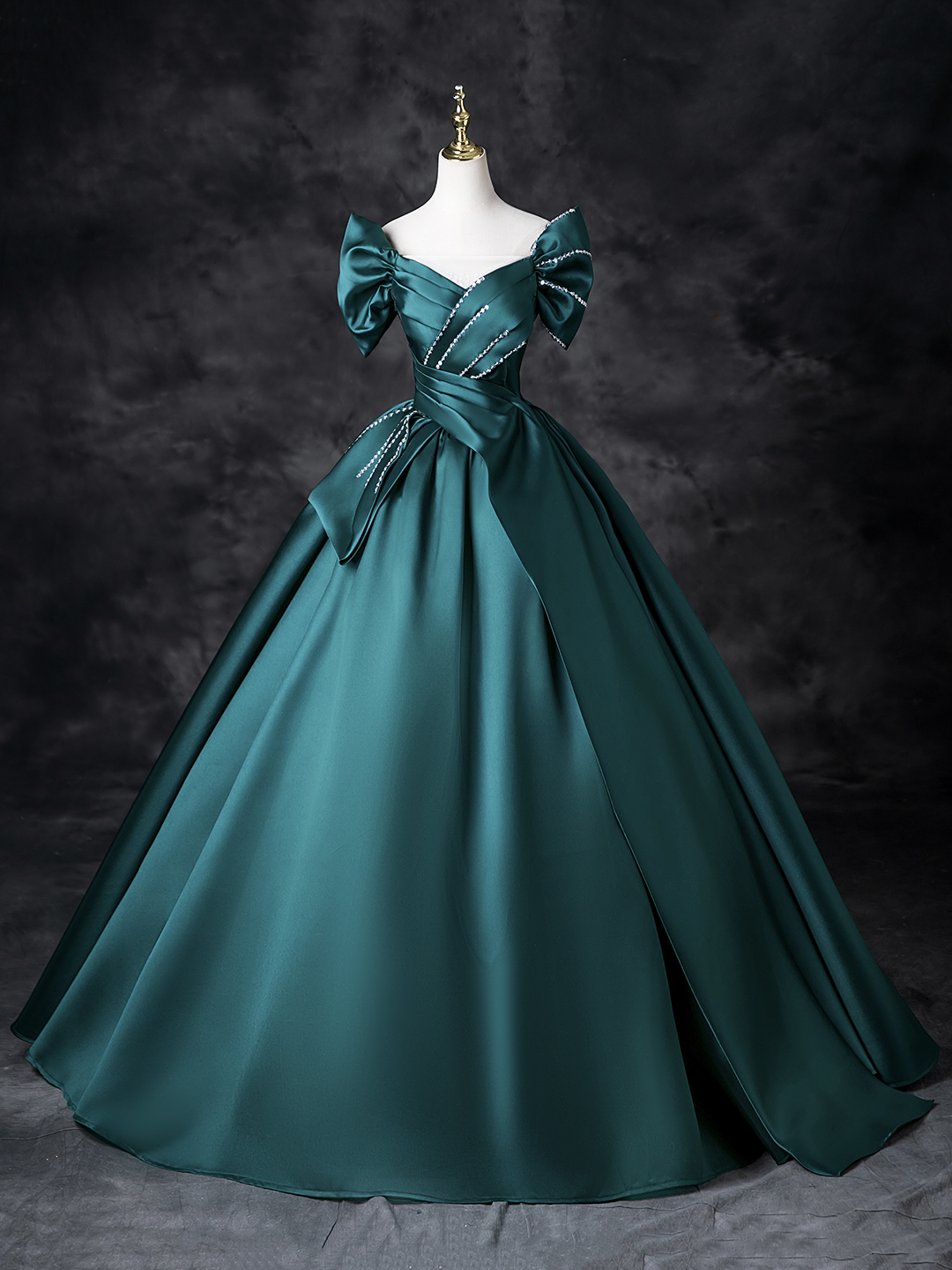 Green Satin Long Prom Dress, Elegant Off the Shoulder Evening Party Dress