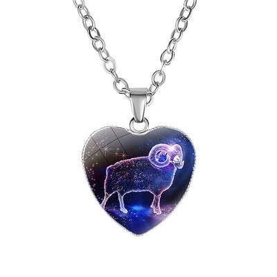 Women's Zodiac Heart Pendant Necklace – 12 Constellation Astrology Jewelry with Glass Dome | Romantic Valentine’s Day Gift