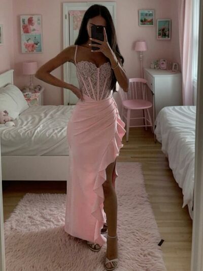 Elegant Pink Sheath Side Slit Lace Prom Dress Evening Formal Gowns