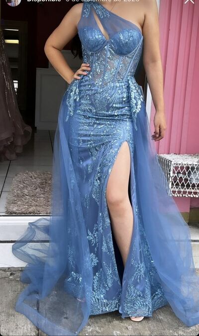 Elegant Blue Sheath Side Slit Sequins Lace Prom Dress Evening Formal Gowns