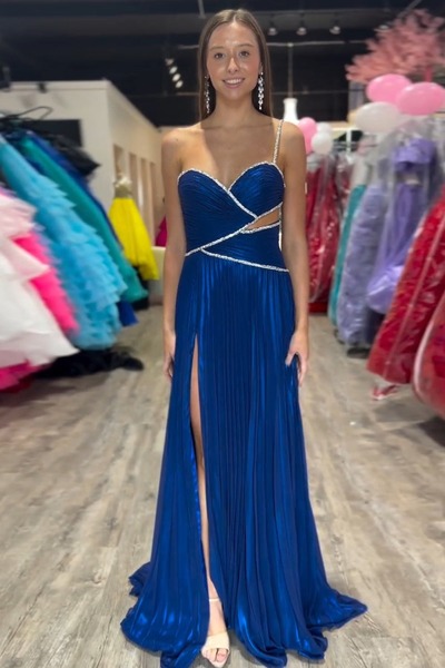 A-Line Royal Blue One Shoulder Long Evening Dress,Prom Dress with Slit,PD231320