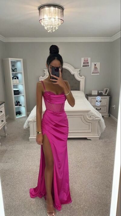 Elegant Hot Pink Sheath Off the Shoulder Side Slit Prom Dress Evening Formal Gowns