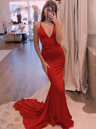 Sexy Red Sheath V Neck Prom Dress Formal Dress Evening Gowns