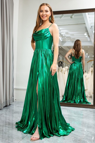 A Line Spaghetti Straps Dark Green Prom Dress Long Corset Evening Dress With Slit,PD231327