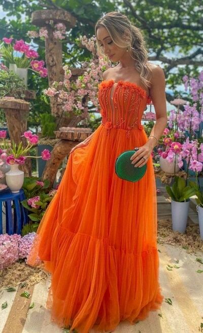 Simple Orange A Line Tulle Prom Dress Evening Formal Gowns