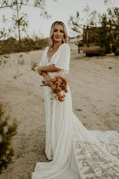 Boho Wedding Dress, Bohemian V-neck Bridal Dress Wedding Gown
