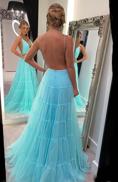 Elegant Sky Blue Backless Prom Dress Evening Formal Gowns