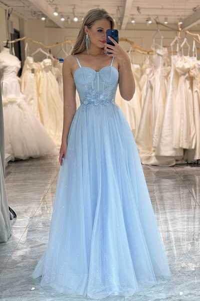 A Line Light Blue Tulle Prom Dress,Long Corset Evening Dress,PD231332