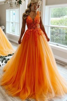 Elegant Orange Ball Gown Tulle Lace Appliques Prom Dress Evening Formal Gowns