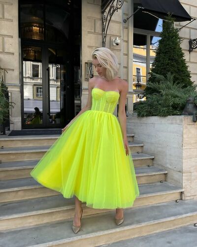 Elegant Ball Gown Tulle Yellow Tea-length Prom Dress Evening Formal Gowns