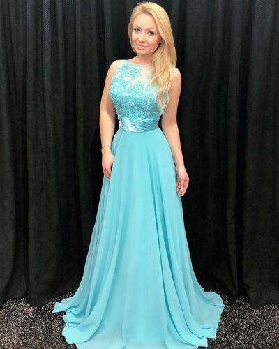 Elegant Blue A Line Lace Prom Dress Formal Dress Evening Gowns