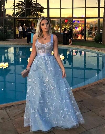 Elegant Sky Blue A Line Lace Appliques Prom Dress Evening Formal Gowns
