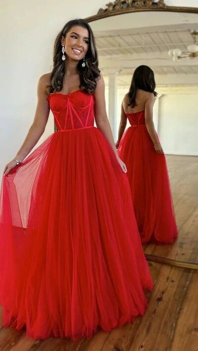 Elegant Red Ball Gown Tulle Sequins Prom Dress Formal Dress Evening Gowns