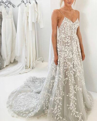 Sheath Lace Wedding Dress, Appliques Tulle Bridal Dress Wedding Gown