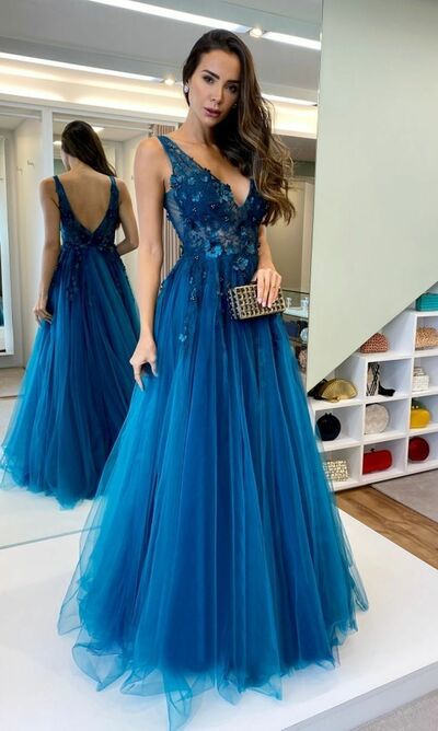Elegant Blue Lace Appliques Mother of Bride/ Groom Dress Evening Formal Dress Prom Dress