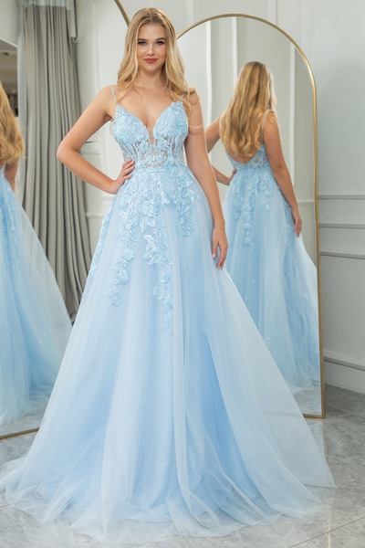 A Line Light Blue Prom Dress Tulle Backless Long Corset Evening Dress With Appliques,PD231334