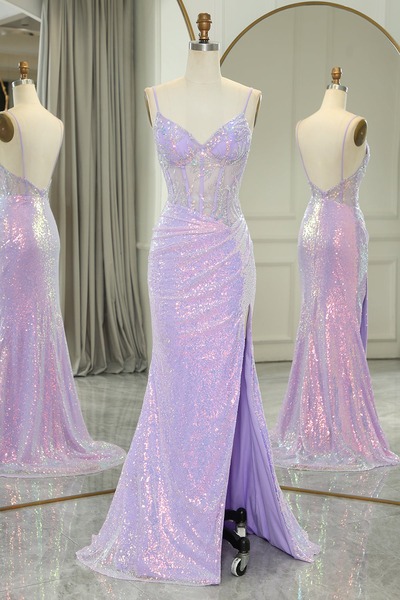 Mermaid Light Purple Backless Long Corset Prom Dress With Slit,PD231336