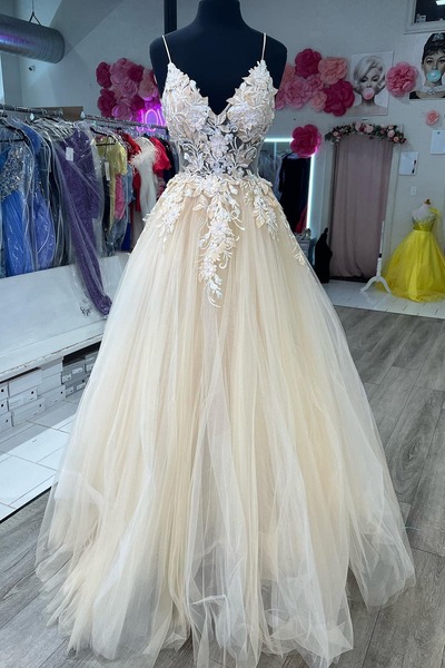 A Line Backless Long Prom Dress With Appliques,PD231337