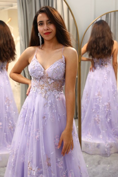 A Line Lilac Prom DressTulle Long Appliqued Evening Dress,PD231338