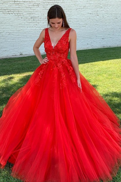 A Line Red Prom Dress V Neck Long Evening Dress With Appliques,PD231344