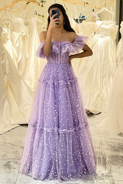 A Line Lilac Prom Dress Tulle Off the Shoulder Long Corset Evening Dress,PD231345