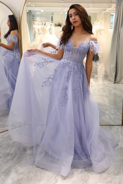 A Line Lilac Prom Dress Long Corset Evening Dress With Appliques ,PD231350