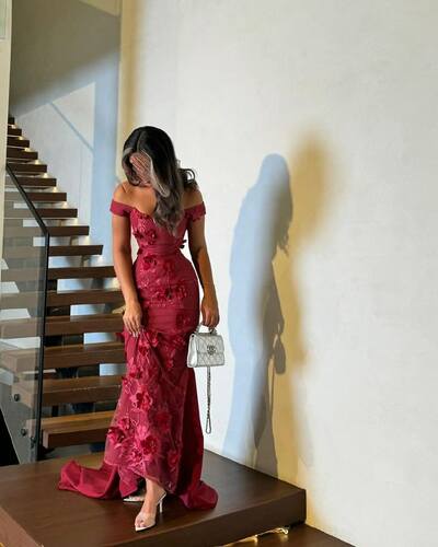Elegant Red Sheath Lace Appliques Prom Dress Evening Formal Gowns