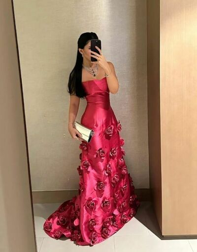 Elegant Red Sheath Handmade Flowers Prom Dress Formal Dress Evening Gowns