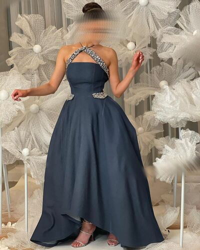 Navy Blue Ball Gown Puffy Prom Dress Tea-length Evening Formal Gowns