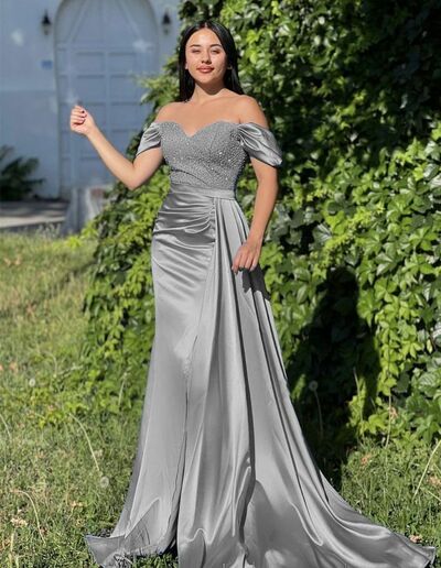 Elegant Silver Beaded Prom Dress Evening Formal Gowns
