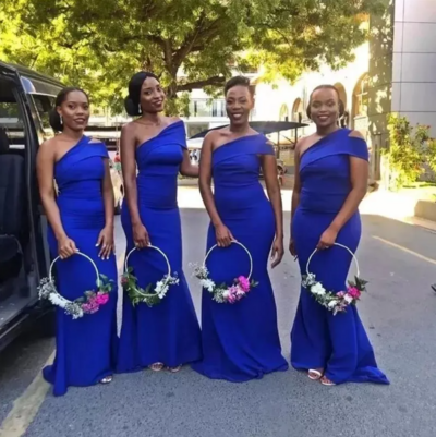 One Shoulder Royal Blue Mermaid Bridesmaid Dresses Satin Wedding Guest Gowns