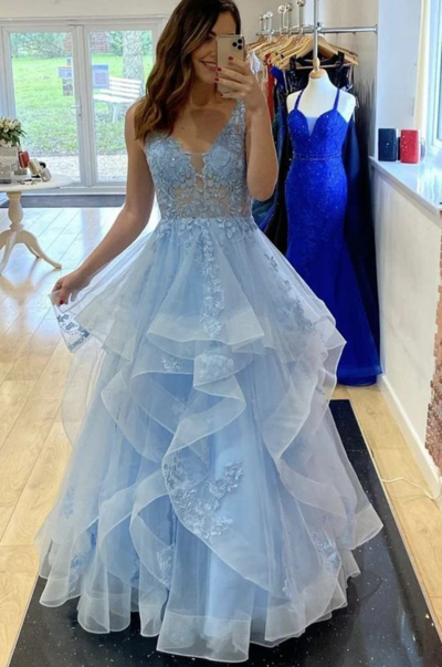 Charming V Neck Fluffy Blue Lace Long Prom Dresses